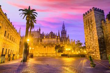 Fototapeta na wymiar Seville, Spain historic cityscape in Plaza de Triunfo.