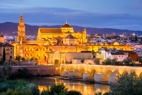 Cordoba, Spain old town skyline at the Mosque-Cathedral at night.