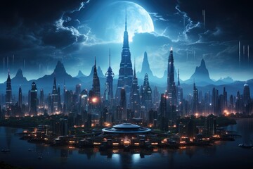 Obraz premium A vast, hyper - modern cityscape teeming with flying cars. Generative AI