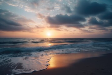 Beach and sea at sunset, AI generated