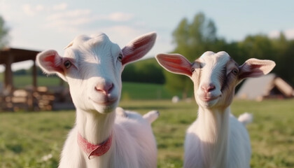  white goats graze in a farm meadow. Generative AI 