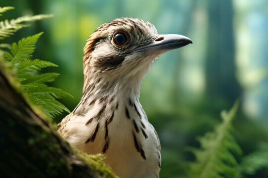 photo of a dove face against a green forest background