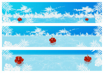 夏の背景イラスト素材(・&forall;・) 海辺とハイビスカス