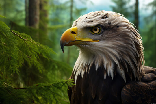 photo of a eagles face against a green forest background