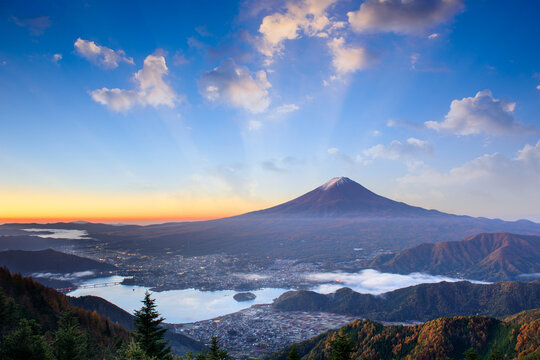 Mt. Fuji, Japan over lake Kawaguchi on an autumn morning.