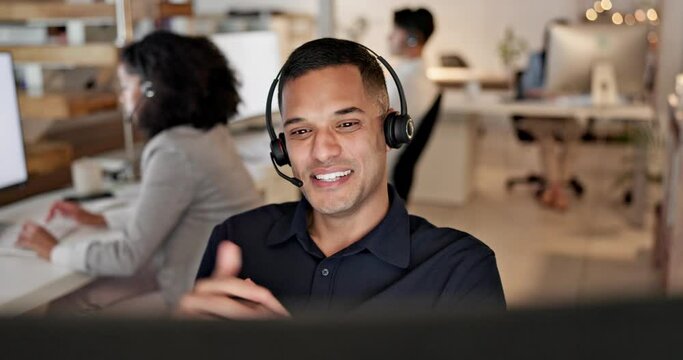 Call center, talking and business man, agent or consultant in virtual communication, information technology and night support. Software advice and latino person consulting on computer for IT solution