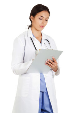 Stock image of female doctor writing on patient chart isolated on white background