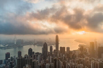 Fototapeta na wymiar Famed skyline of Hong Kong from Victoria Peak in a foggy morning