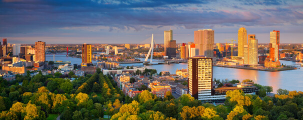 Panoramic image of Rotterdam, Netherlands during summer sunset.