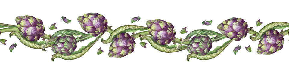 Artichoke fresh vegetable pimpled cone, frame, Seamless banner natural healthy food. Watercolor hand drawing, organic vegetables, ripe plants, eco farm. purple green vegetable