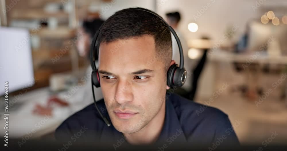 Aufkleber call center, thinking and business man, agent or consultant for software solution, information techn