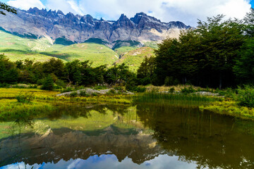 Fototapeta na wymiar Snow mountain and the reflection at Patagonia, Argentina