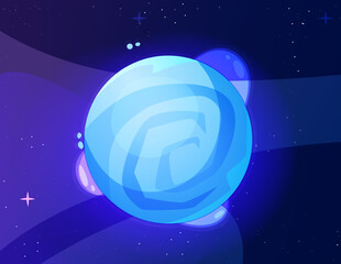 Space planet icon. Fantastic sphere or Jupiter in universe with stars. Isometric realistic sticker with cosmic element for game UI design. Cartoon flat vector illustration isolated on blue background