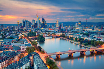 Image of Frankfurt am Main skyline during twilight blue hour. - obrazy, fototapety, plakaty