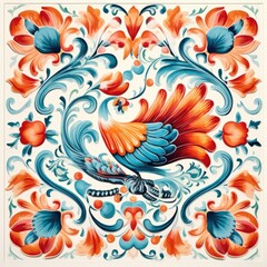 Retro vintage floral pattern, slavic, glazed tile, abstract floral ornament, slavic painting, generative ai illustration
