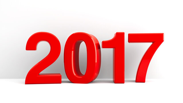 Red 2017 symbol, icons or button on white wall, represents the new year 2017, three-dimensional rendering, 3D illustration