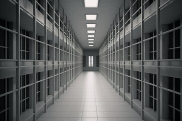 Modern prison, background. Long bright corridor with bars. AI generated, human enhanced