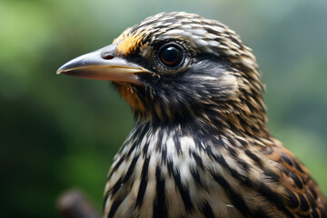 photo of a starling face against a green forest background