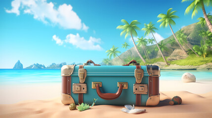 vacation travel time banner, open travel suitcase with exotic destination inside with copy space area 
