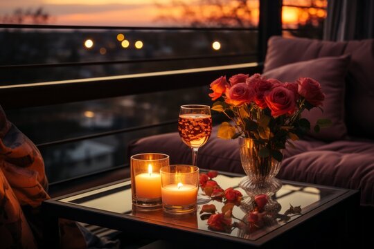 Romantic dinner by candlelight, the atmosphere of a love date. Background with selective focus and copy space