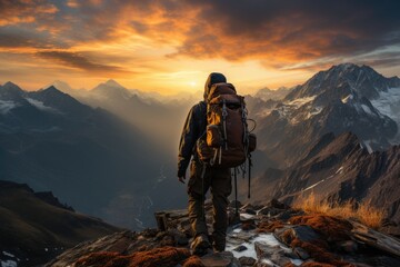Awe-Inspiring Sunrise: The Silhouette of a Lone Traveler with a Backpack Gracefully Embracing the Mountain Summit at the Break of Dawn Generative AI