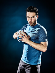 one caucasian man handball player isolated on black background