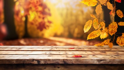 Naklejka na ściany i meble Wooden table with an autumn background, autumn background, Generative AI