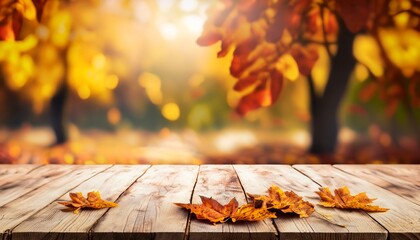 Naklejka na ściany i meble Wooden table with an autumn background, autumn background, Generative AI
