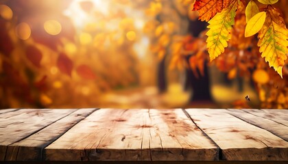 Wooden table with an autumn background, autumn background, Generative AI