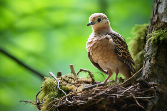 photo of a turtledove face against a green forest background