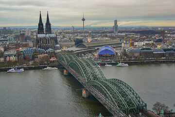 Cologne Daytime Landscape with Cathedral, TV Tower, Hohenzoller Bridge, and River