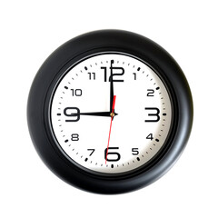 Big round wall clock with a black rim isolated on white background close-up and arrows showing nine o'clock