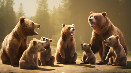 Wildlife animals bears - Collection of standing, sitting, screaming, lying group of brown bear (ursus arctos) family with young baby   © Clipart Collectors