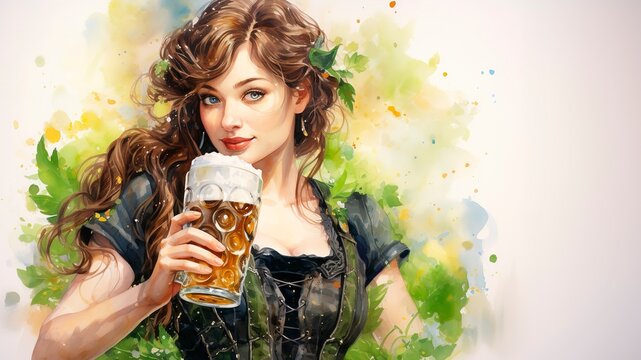German lady with traditional costume drinking beer for Oktoberfest