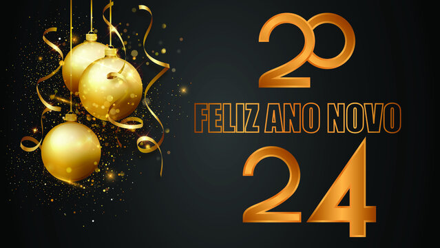 cartão ou banner para desejar um feliz ano novo 2024 em ouro sobre fundo gradiente preto e ao lado das bolas de Natal suspensas em serpentinas lantejoulas e estrelas na cor dourada