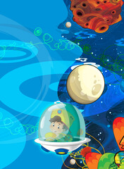 Cartoon funny colorful scene of cosmos galactic alien ufo isolated illustration for children