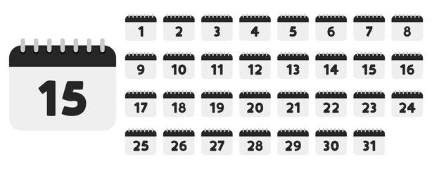 Vector calendar icons by month dates. Black daily calender icon. Set of callendar icons with the dates of the month. A set of sheets of a flip calendar with the numbers of the month from 1 to 31.