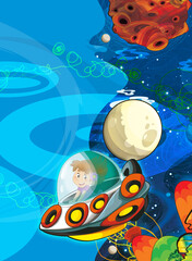Fototapeta premium Cartoon funny colorful scene of cosmos galactic alien ufo isolated illustration for children