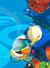 Fototapeta premium Cartoon funny colorful scene of cosmos galactic alien ufo isolated illustration for children