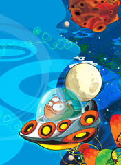 Fototapeta premium Cartoon funny colorful scene of cosmos galactic alien ufo isolated illustration for children