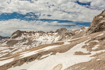 View at Wetterstein torrent from the Zugspitze glacier at Garmisch-Partenkirchen, Bavaria, Germany, in summer outdoors. Alpine mountain panorama