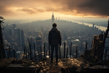 Fototapeta na wymiar A lone survivor overlooking a ruined cityscape from a crumbling skyscraper. Generative AI