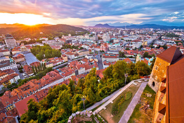 Fototapeta na wymiar Sunset above Ljubljana aerial view, capital of Slovenia