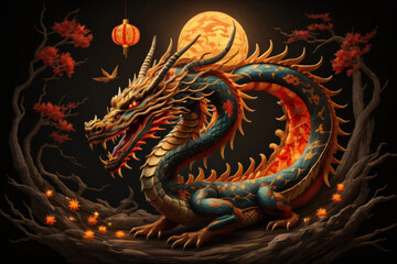 Fototapeta premium Chinese dragon in yellow tones. Autumn. dark background. Generative AI