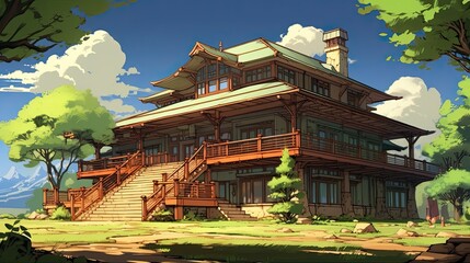 Fototapeta premium Pavilion on the river. AI generated art illustration.