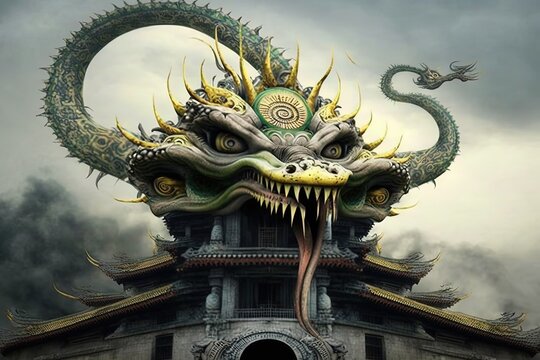 Ancient fantasy ritual temple with dragon head. Generative AI