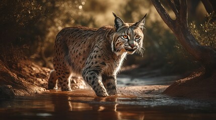 Obraz premium Bobcat going into water. Generative AI