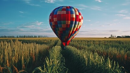 Colored hot air balloon over the field. Generative AI