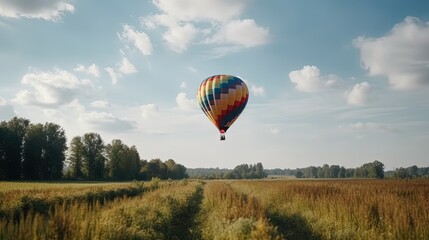 Obraz premium Colored hot air balloon over the field. Generative AI