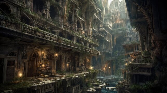 City inside underground cavern. Generative AI © Soulmate